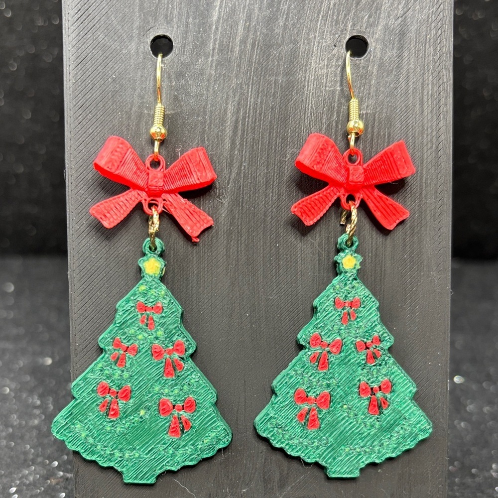 Christmas Tree Dangle Earrings 🎀 | Red Bow + Gold Accents